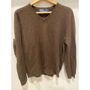 Ralph Lauren Polo Mens Large V Neck Wool Sweater Brown